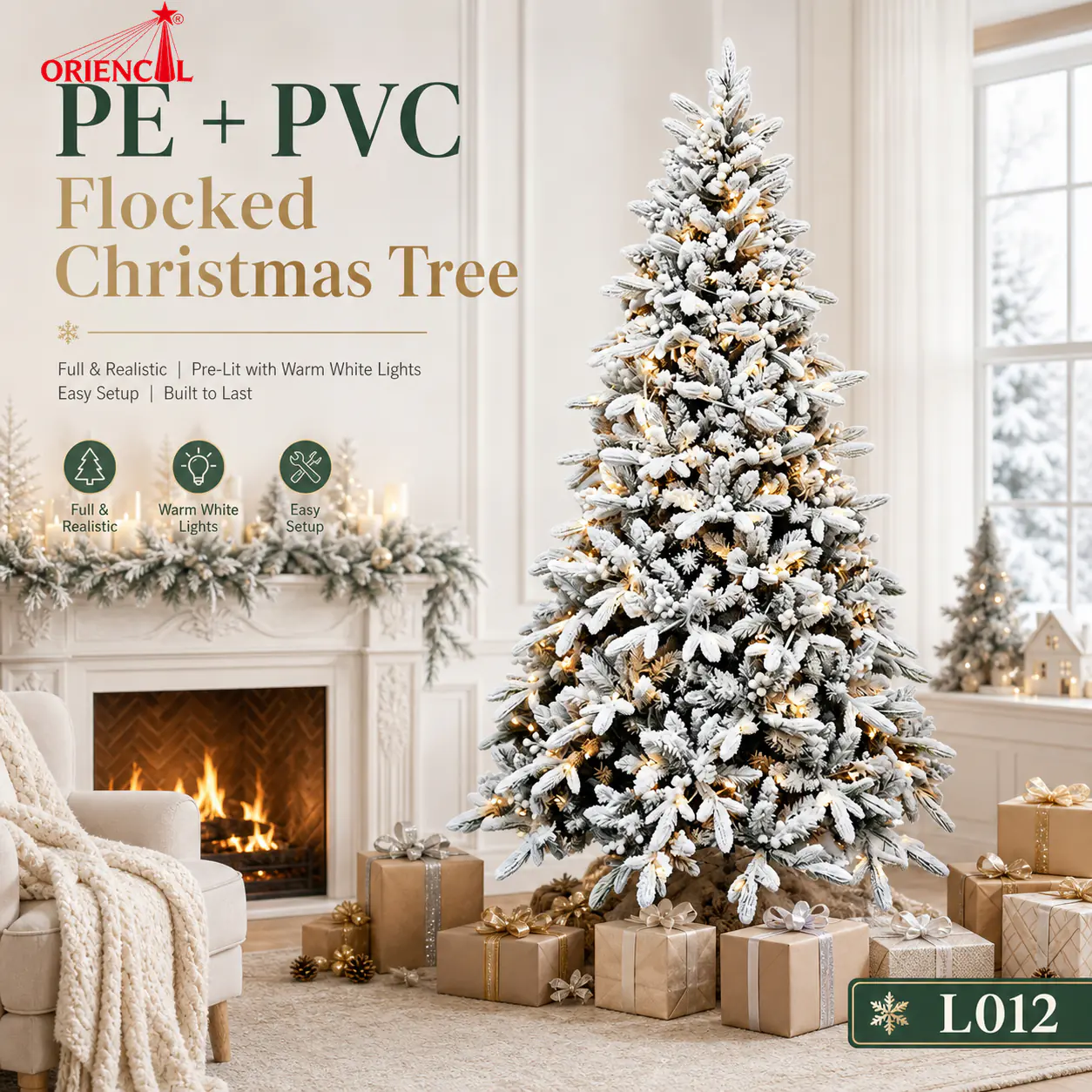 Pre-Lit Green Flocked Spruce Christmas Tree, Warm Lights, Snowy Evergreen Winter Decor L012