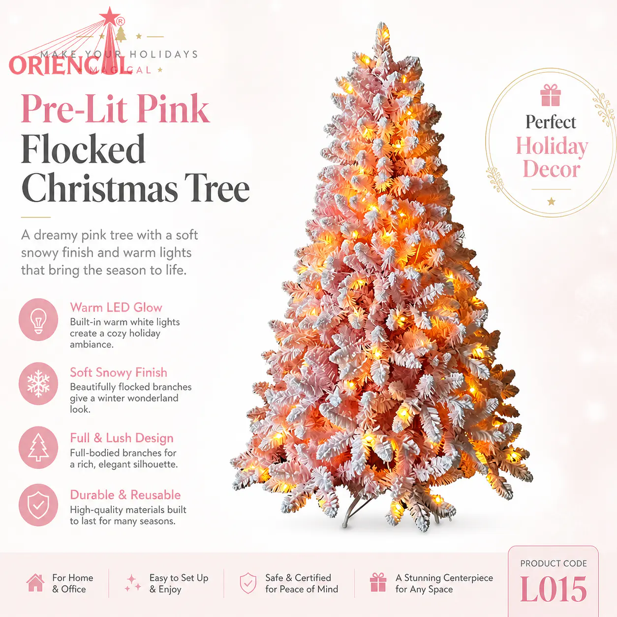 Pre-Lit Orange Flocked Spruce Christmas Tree, LED Lights, Vibrant Themed Holiday Decor L015