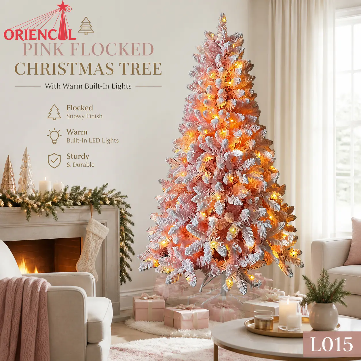 Pre-Lit Orange Flocked Spruce Christmas Tree, LED Lights, Vibrant Themed Holiday Decor L015