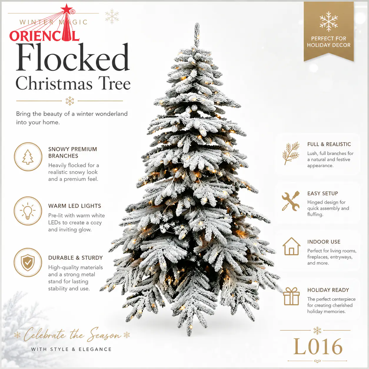 Pre-Lit White-Grey Flocked Spruce Christmas Tree, Warm Lights, Winter Wonderland Decor L016