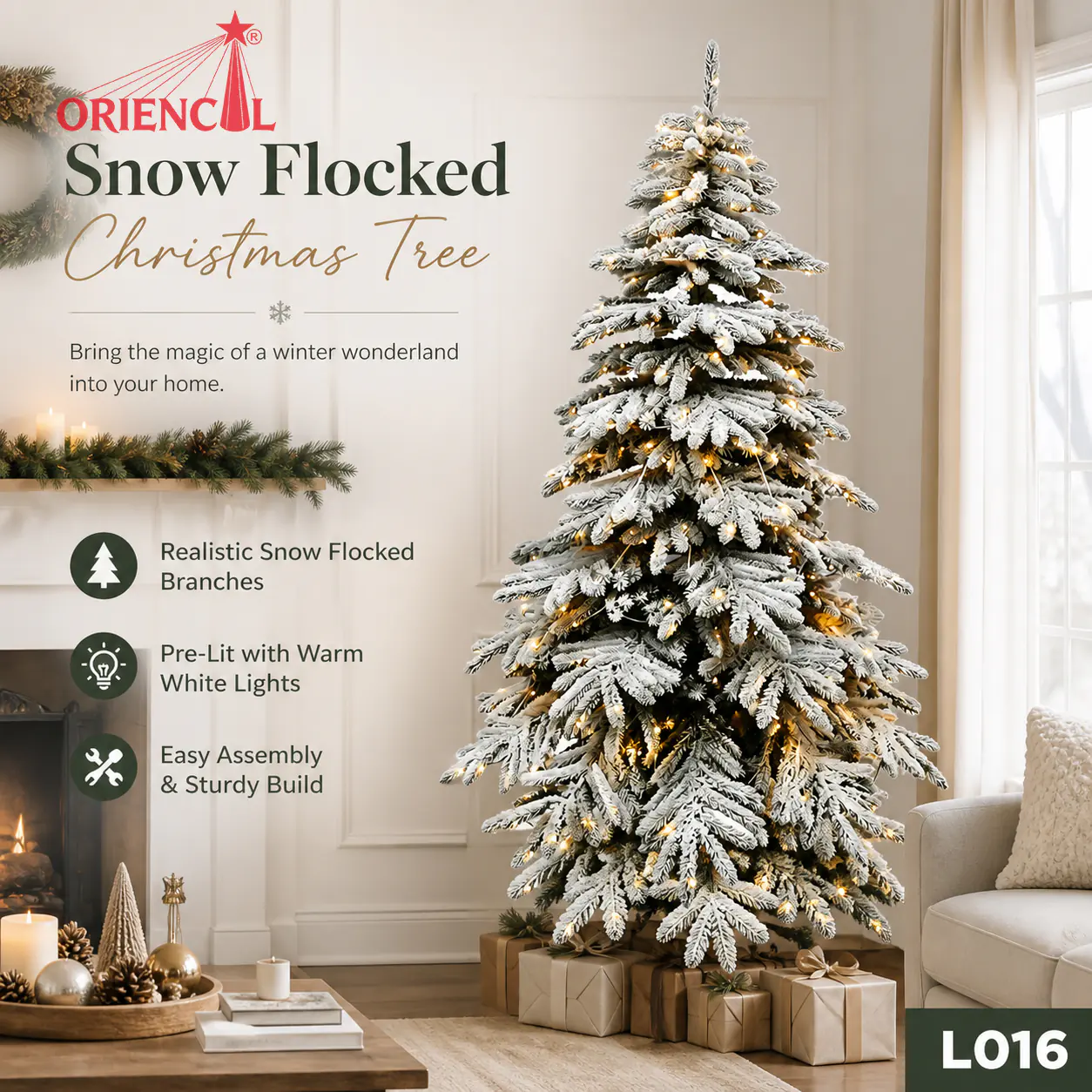 Pre-Lit White-Grey Flocked Spruce Christmas Tree, Warm Lights, Winter Wonderland Decor L016