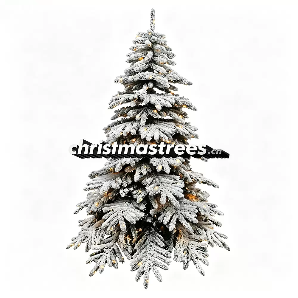 Pre-Lit White-Grey Flocked Spruce Christmas Tree, Warm Lights, Winter Wonderland Decor L016