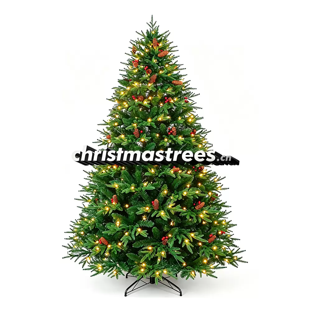 Pre-Lit Green Spruce Christmas Tree with Pine Cones, LED Lights, Rustic Farmhouse Decor L017
