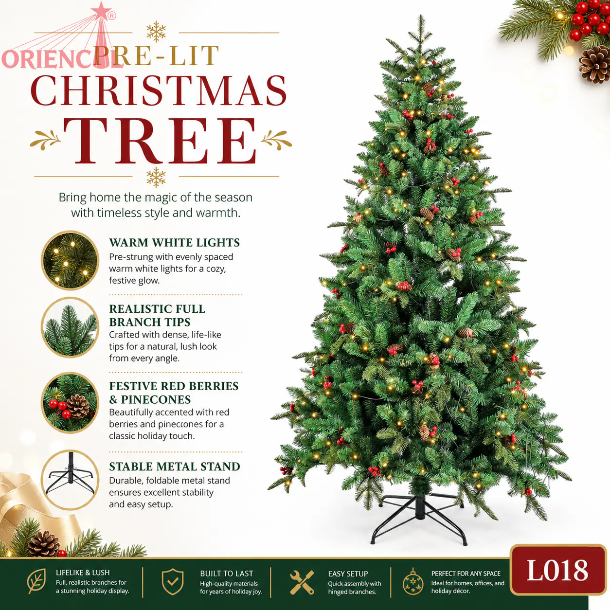 Pre-Lit Artificial Green Spruce Christmas Tree, Multi-Color LED Lights, Family Holiday Decor L018