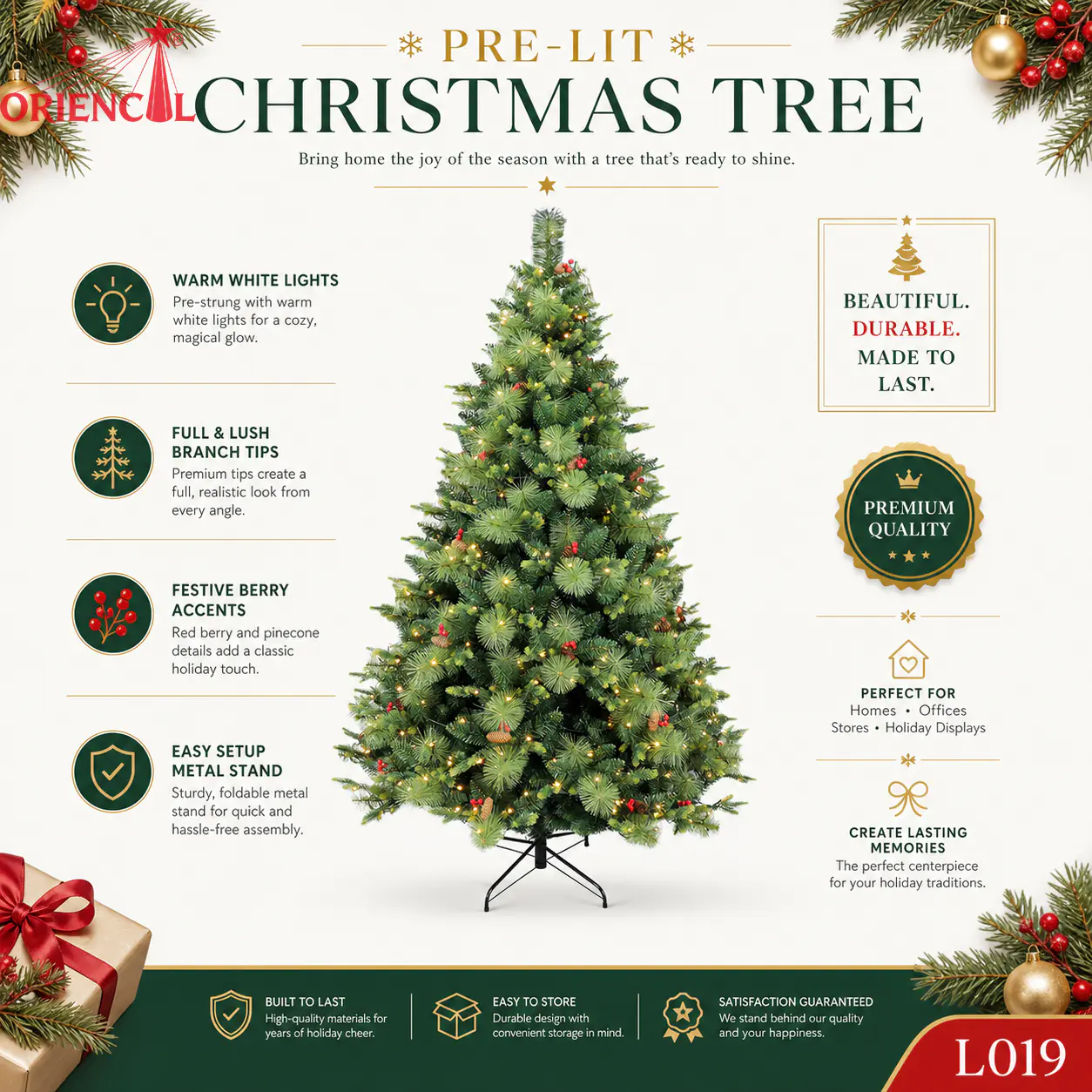 Pre-Lit Full Green Spruce Christmas Tree, Warm White Lights, Traditional Evergreen Decor L019
