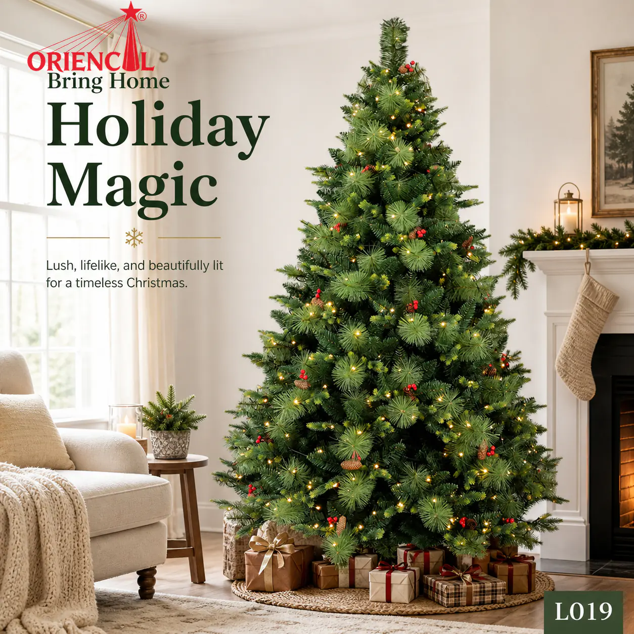 Pre-Lit Full Green Spruce Christmas Tree, Warm White Lights, Traditional Evergreen Decor L019