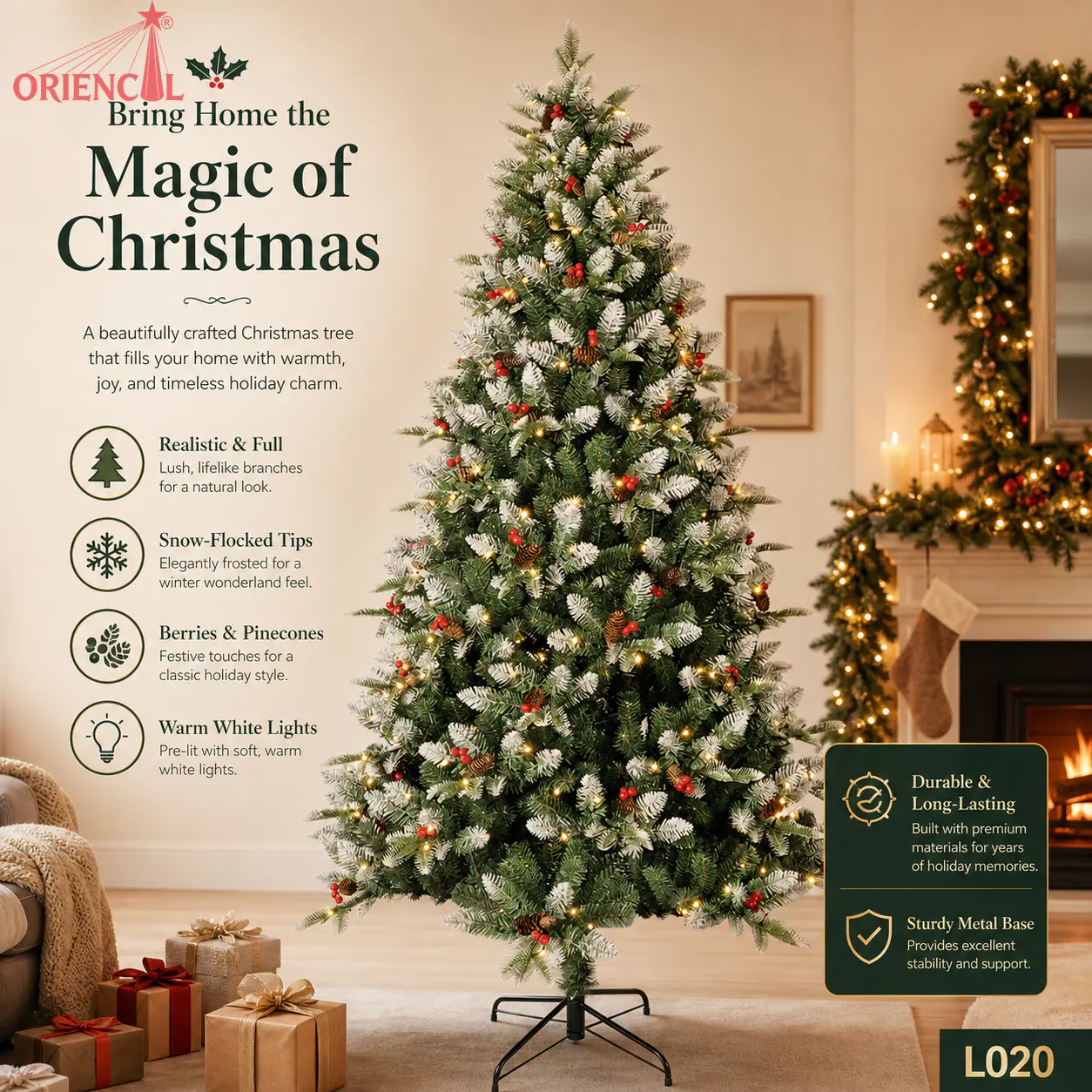 Pre-Lit Green Spruce Christmas Tree with Pine Cones, LED Lights, Rustic Holiday Decoration L020
