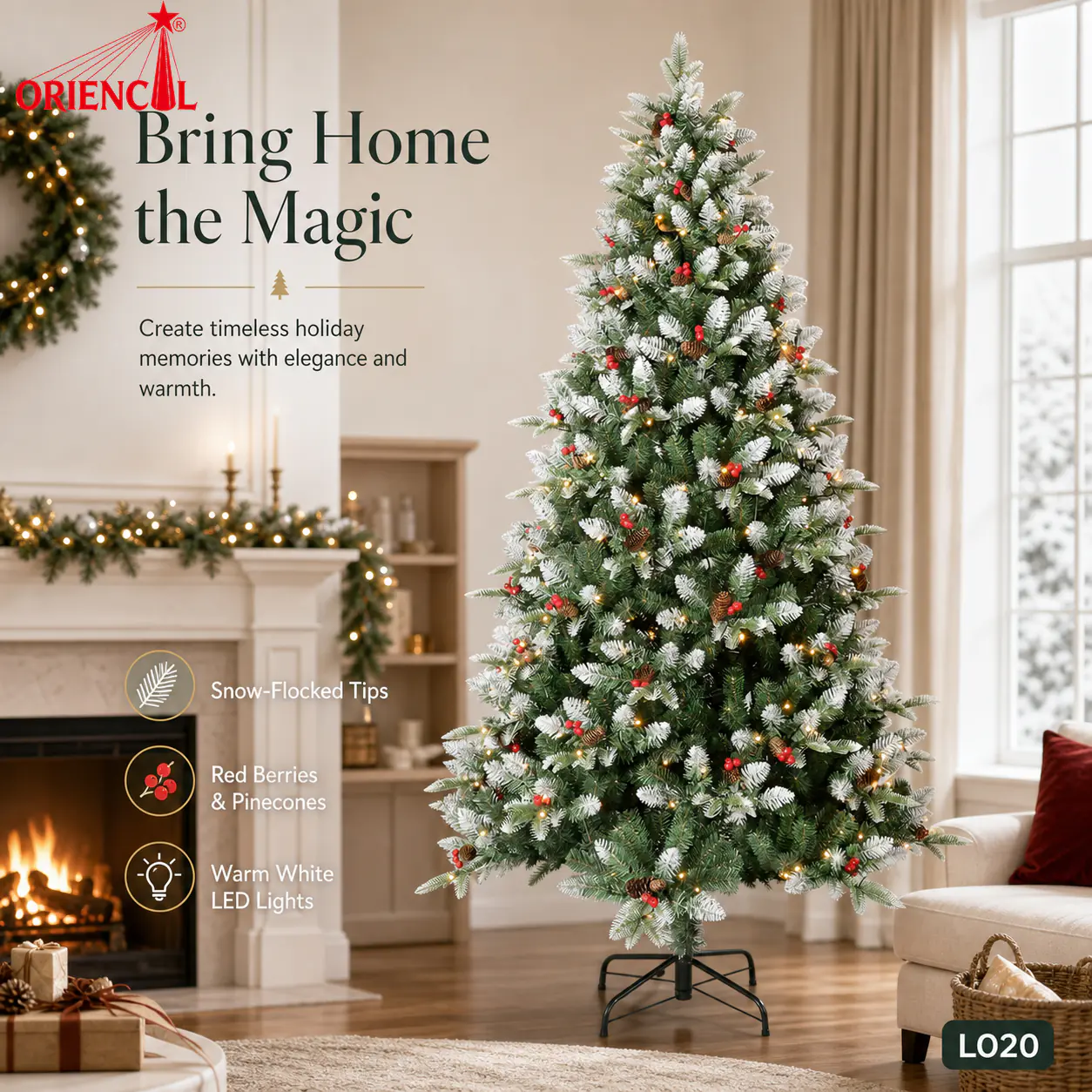 Pre-Lit Green Spruce Christmas Tree with Pine Cones, LED Lights, Rustic Holiday Decoration L020