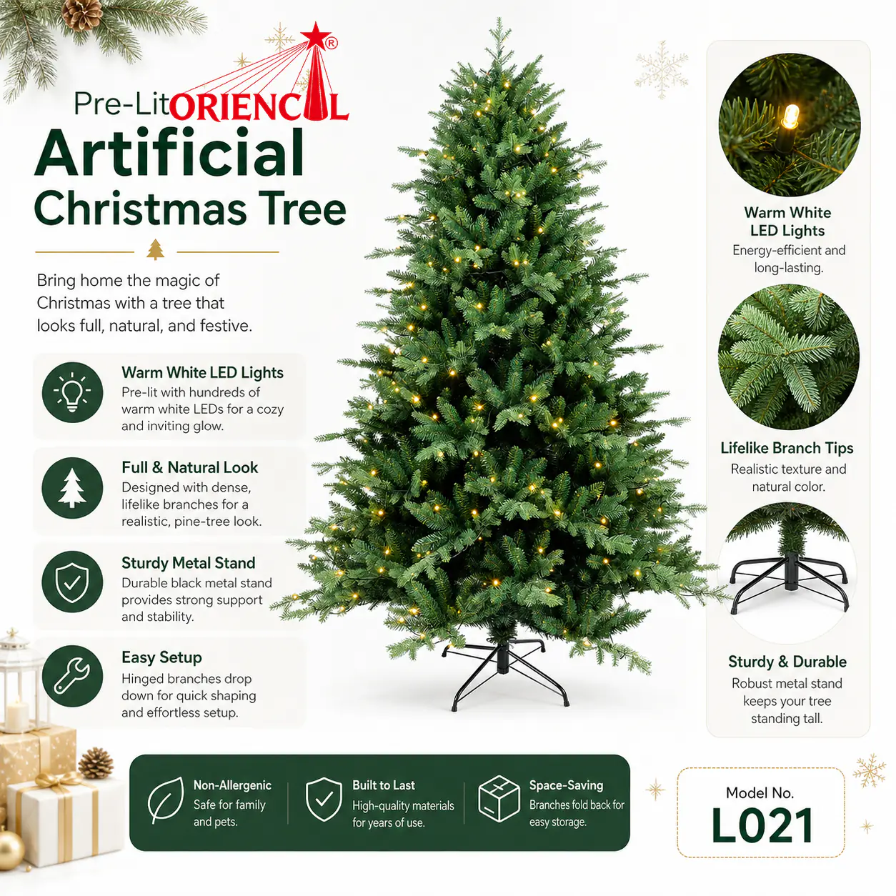 Pre-Lit Artificial Green Spruce Christmas Tree, LED Lights, Classic Indoor Christmas Tree L021