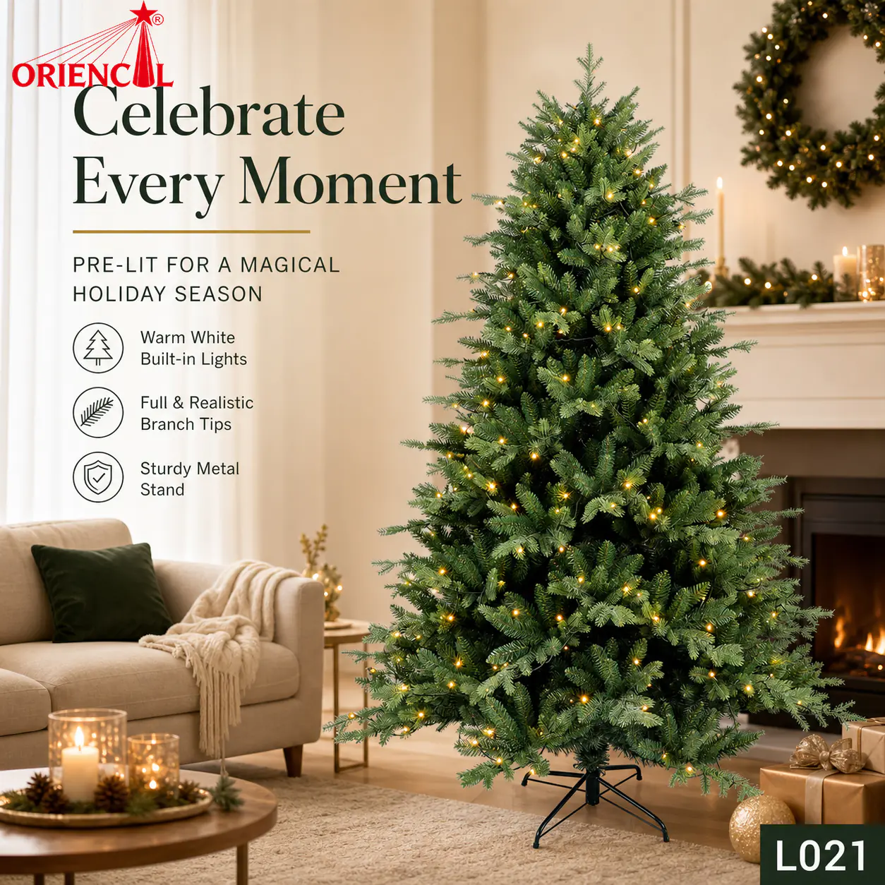 Pre-Lit Artificial Green Spruce Christmas Tree, LED Lights, Classic Indoor Christmas Tree L021