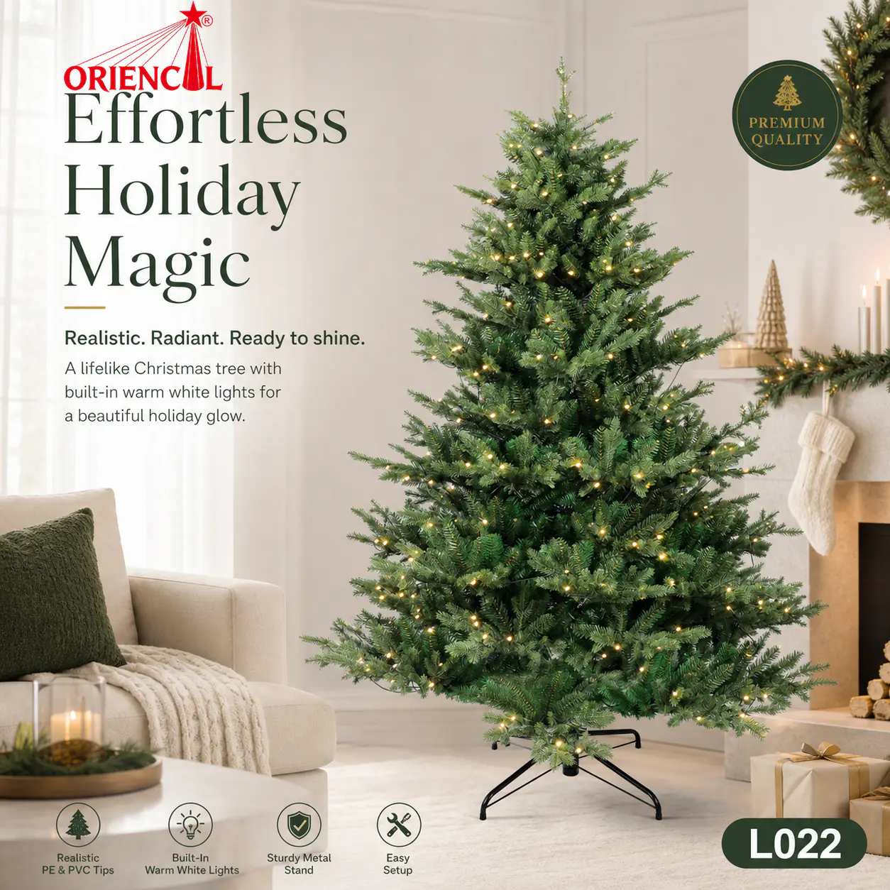 Pre-Lit Dense Green Spruce Christmas Tree, Warm Lights, Realistic Full Size Holiday Decor L022