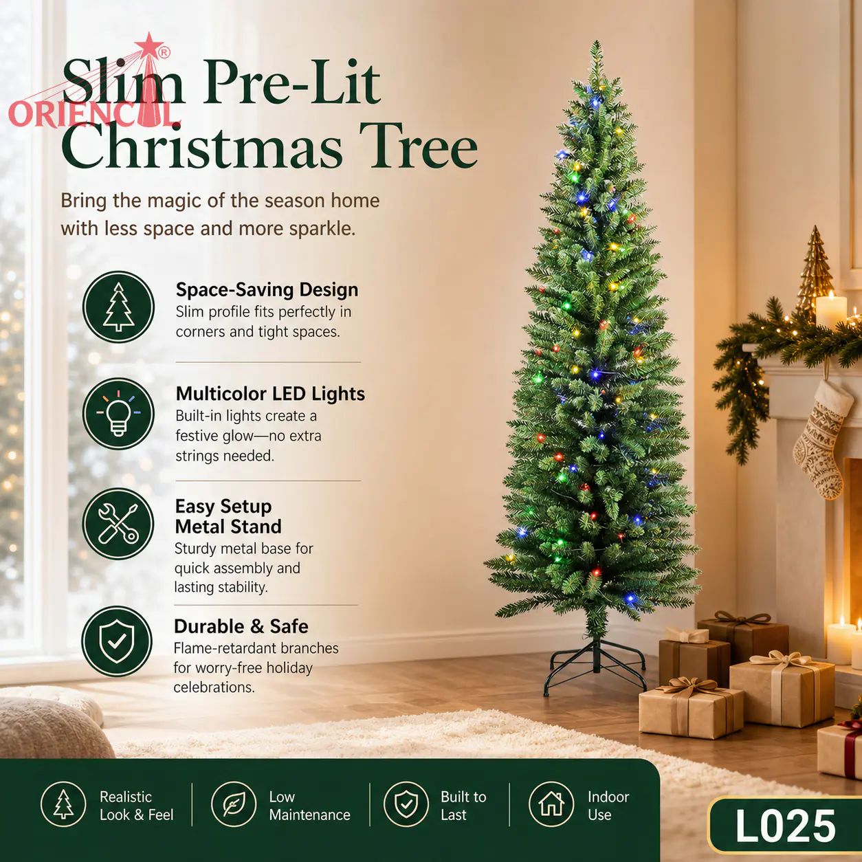 Pre-Lit Slim Green Fir Christmas Tree, LED Lights, Space-Saving Pencil Style Corner Decor L025