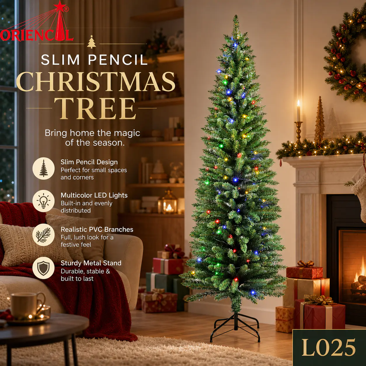 Pre-Lit Slim Green Fir Christmas Tree, LED Lights, Space-Saving Pencil Style Corner Decor L025