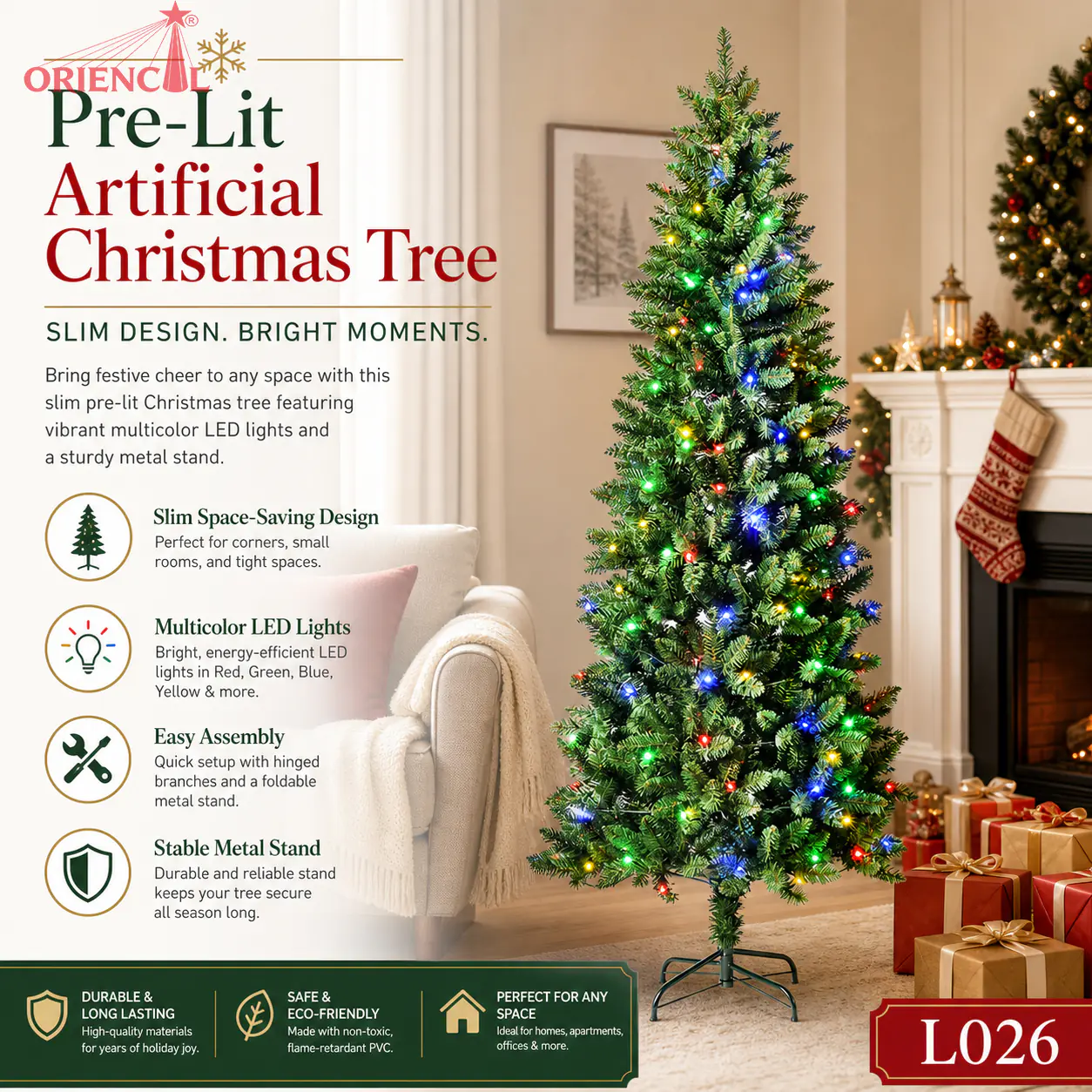 Pre-Lit Slim Green Fir Christmas Tree, Multi-Color Lights, Nook & Apartment Holiday Decor L026