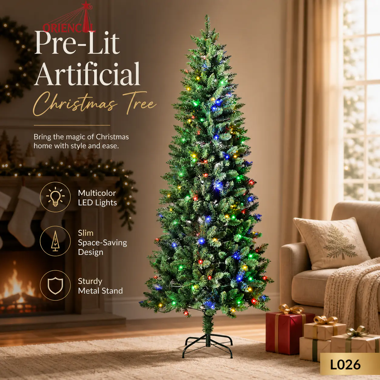 Pre-Lit Slim Green Fir Christmas Tree, Multi-Color Lights, Nook & Apartment Holiday Decor L026