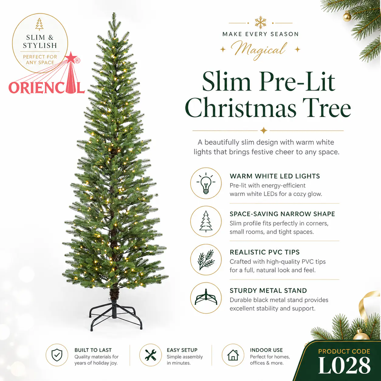 Pre-Lit Pencil Style Green Fir Christmas Tree, LED Lights, Space-Saving Corner Decoration L028