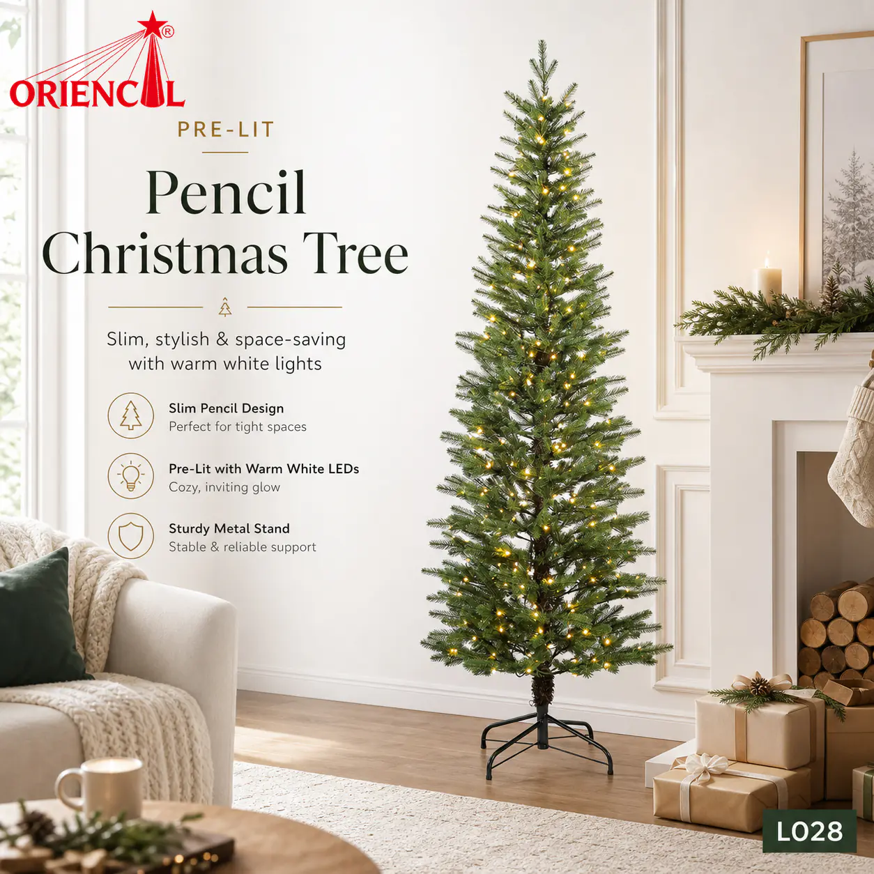 Pre-Lit Pencil Style Green Fir Christmas Tree, LED Lights, Space-Saving Corner Decoration L028