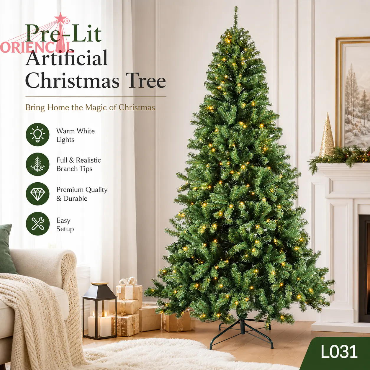 Pre-Lit Full Green Spruce Christmas Tree, Warm White Lights, Traditional Family Holiday Decor L031