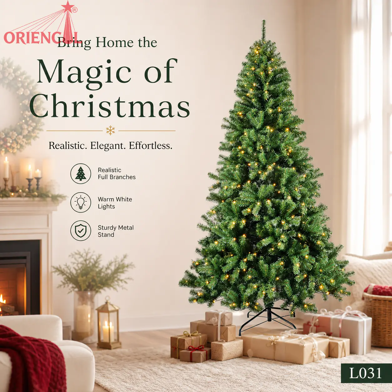 Pre-Lit Full Green Spruce Christmas Tree, Warm White Lights, Traditional Family Holiday Decor L031