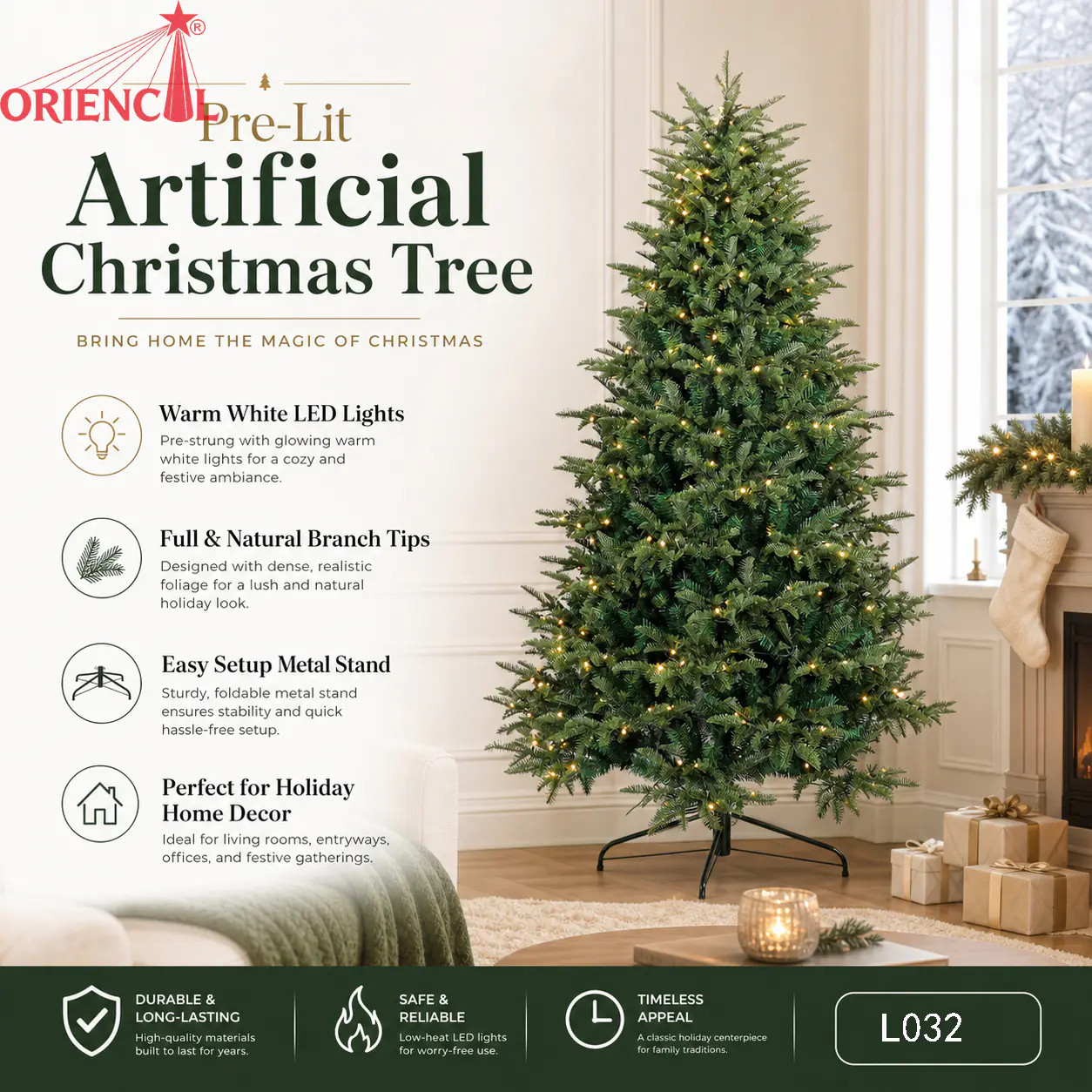 Pre-Lit Dense Green Spruce Christmas Tree, LED Lights, Realistic Indoor Christmas Tree L032