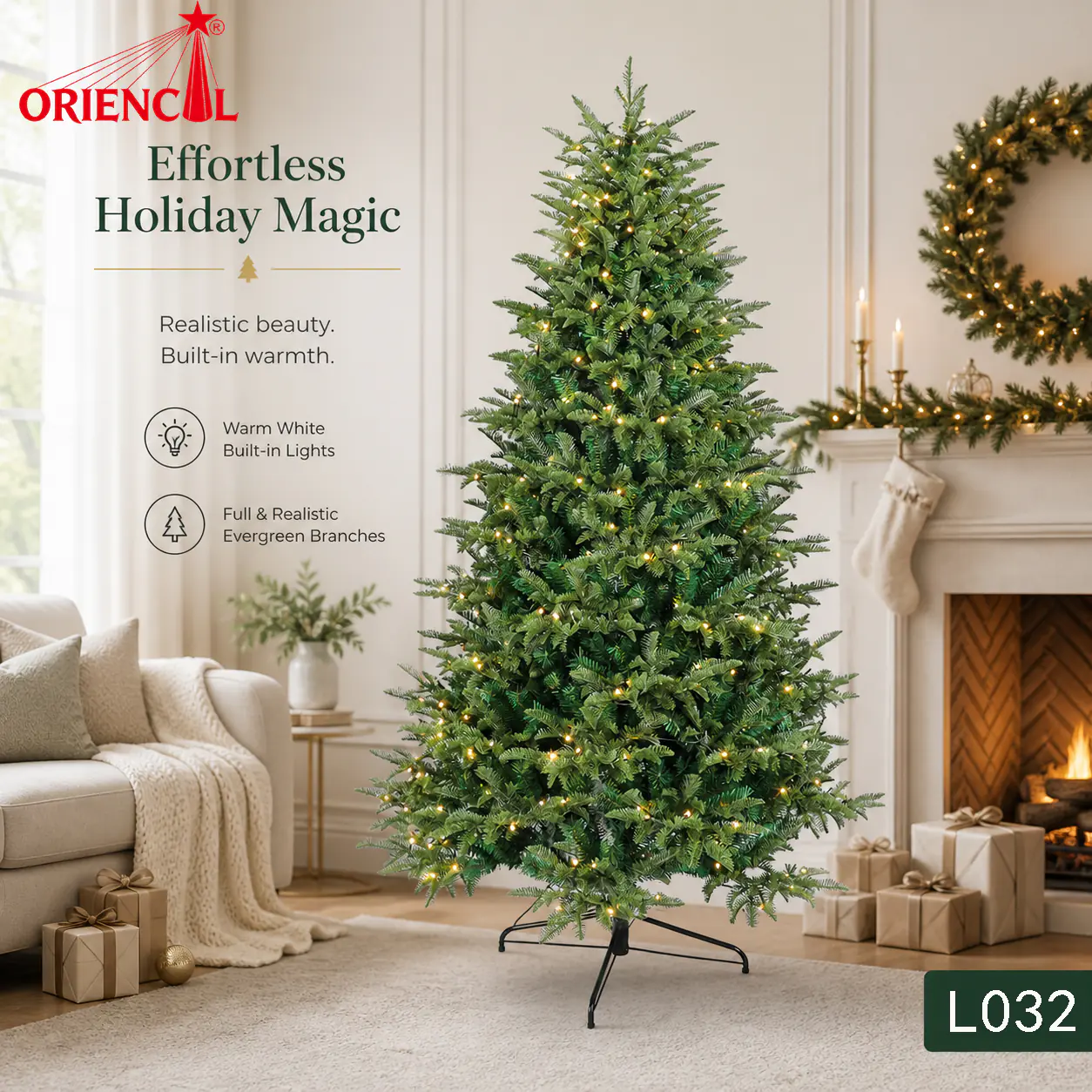 Pre-Lit Dense Green Spruce Christmas Tree, LED Lights, Realistic Indoor Christmas Tree L032