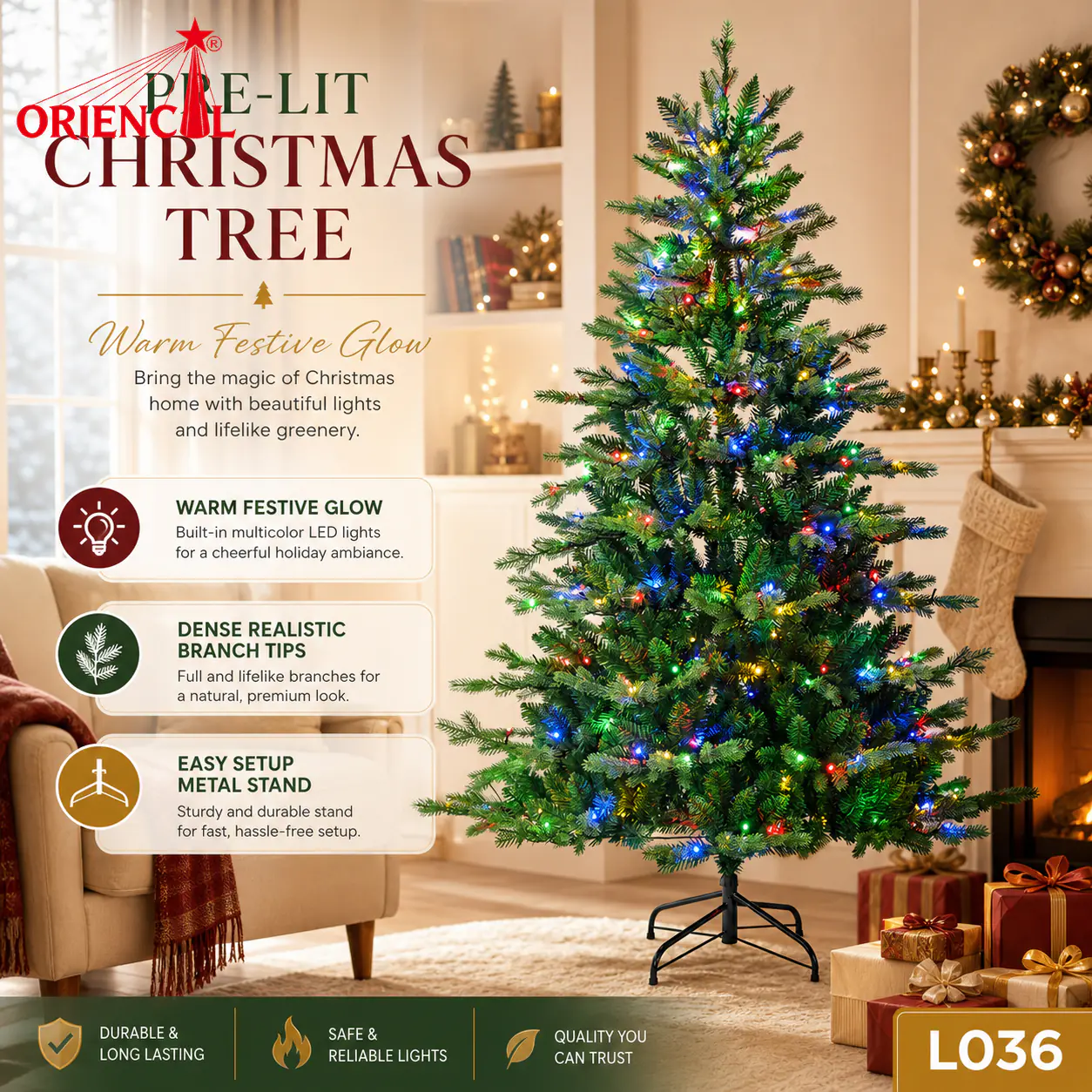 Pre-Lit Slim Green Fir Christmas Tree, Multi-Color LED Lights, Vibrant Themed Holiday Decor L036