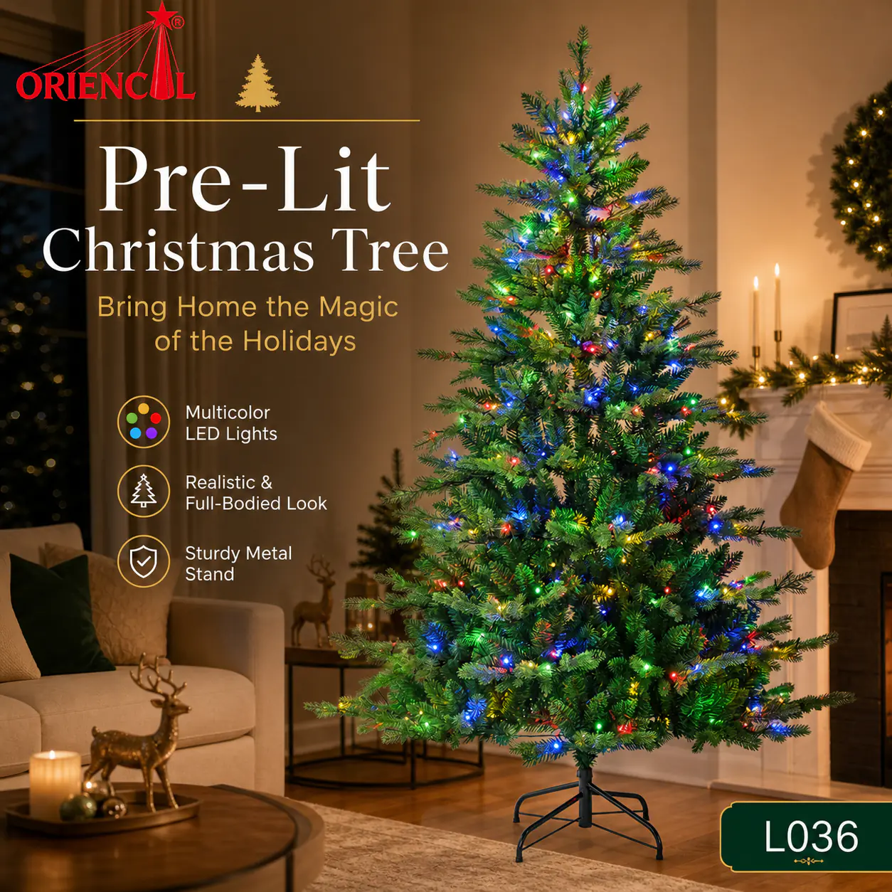 Pre-Lit Slim Green Fir Christmas Tree, Multi-Color LED Lights, Vibrant Themed Holiday Decor L036