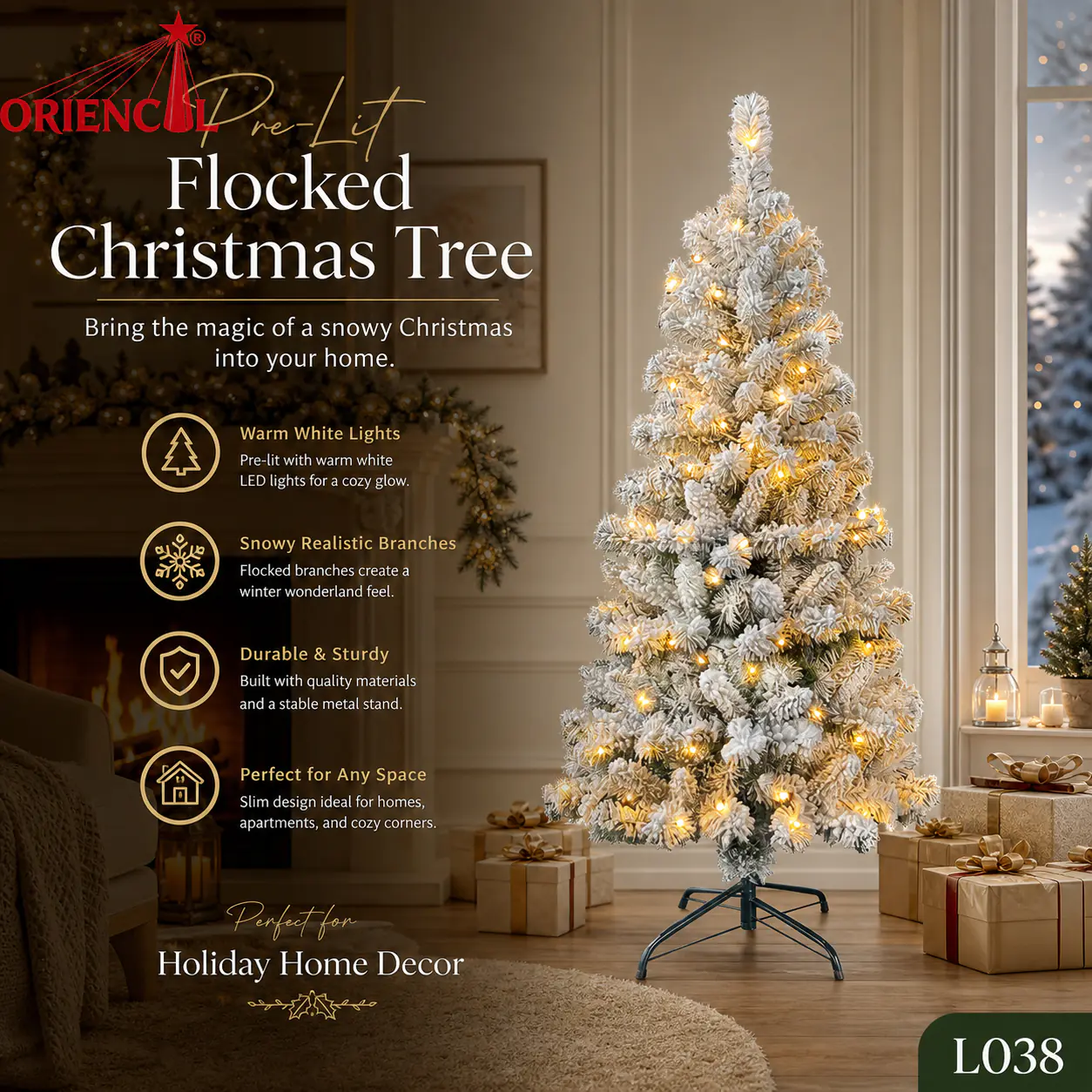 Pre-Lit Gold Flocked Spruce Christmas Tree, Warm Lights, Glam & Festive Winter Decor L038