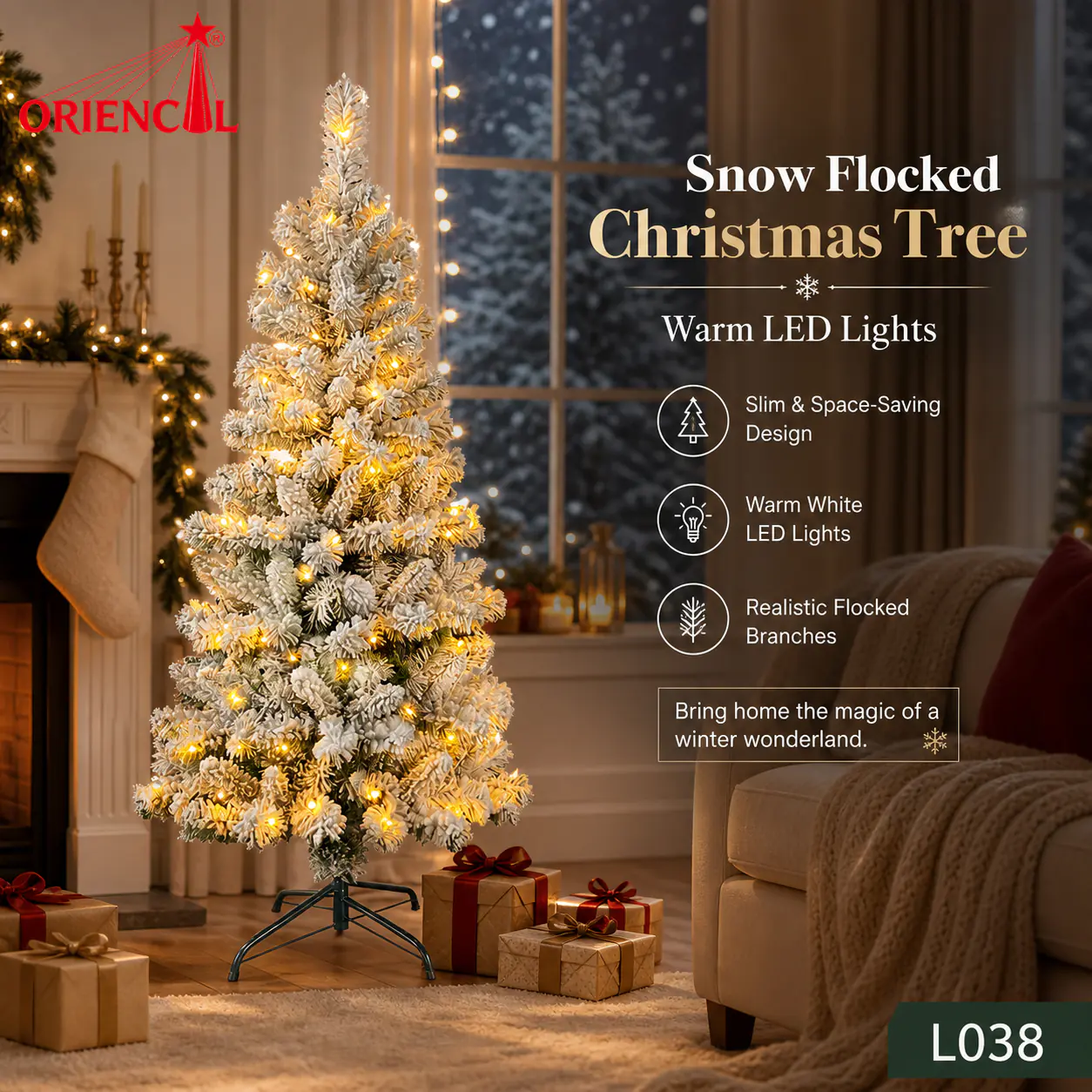 Pre-Lit Gold Flocked Spruce Christmas Tree, Warm Lights, Glam & Festive Winter Decor L038