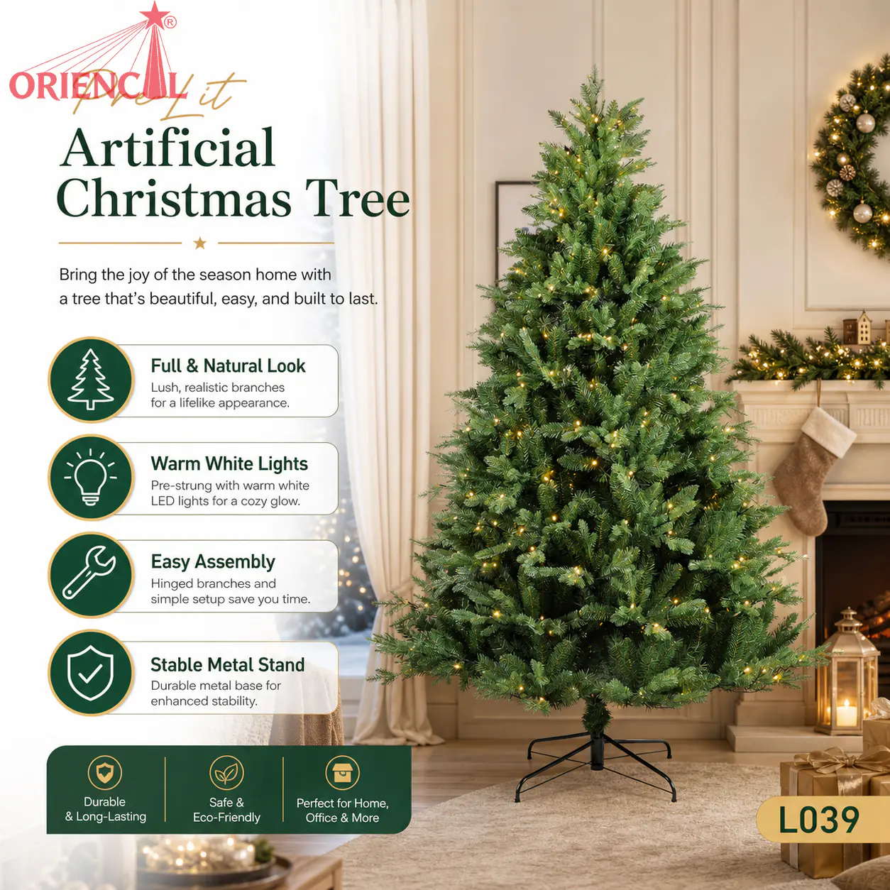 Pre-Lit Full Green Spruce Christmas Tree, LED Lights, Classic Evergreen Indoor Decor L039
