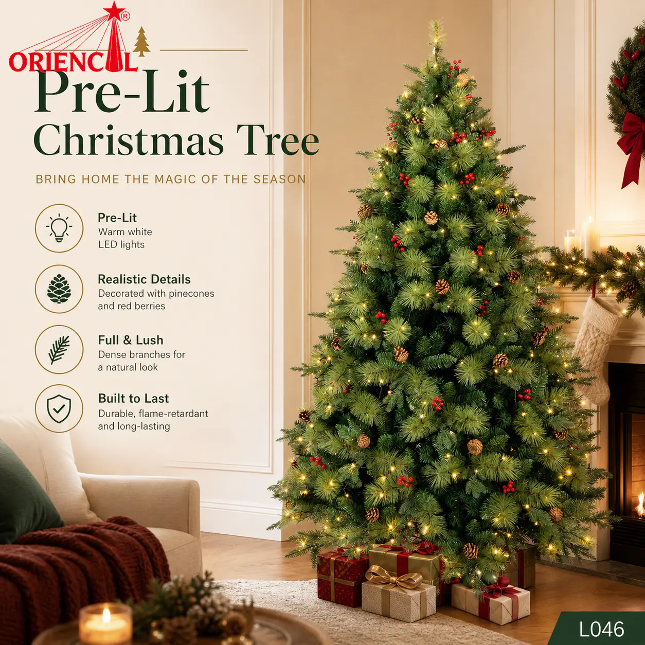 Pre-Lit Green Spruce Christmas Tree with Pine Cones, LED Lights, Rustic Farmhouse Decor L046