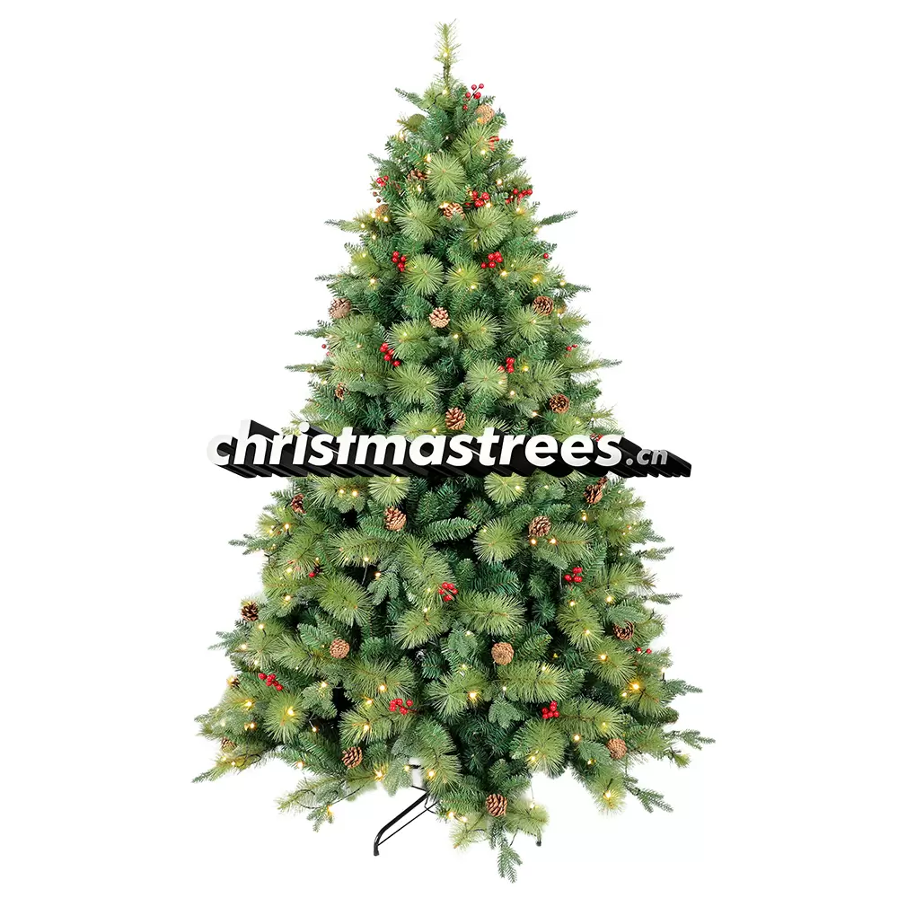 Pre-Lit Green Spruce Christmas Tree with Pine Cones, LED Lights, Rustic Farmhouse Decor L046