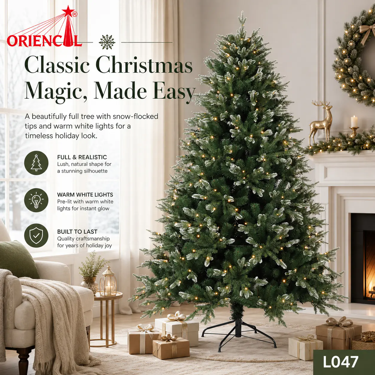 Pre-Lit Dark Green Spruce Christmas Tree, Warm White Lights, Traditional Holiday Decor L047