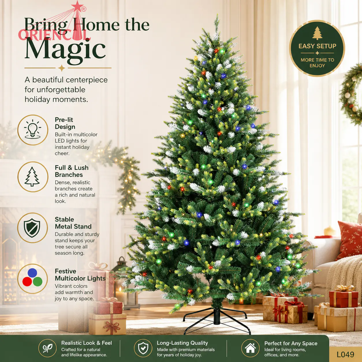 Pre-Lit Dense Green Spruce Christmas Tree, LED Lights, Realistic Indoor Holiday Decor L049