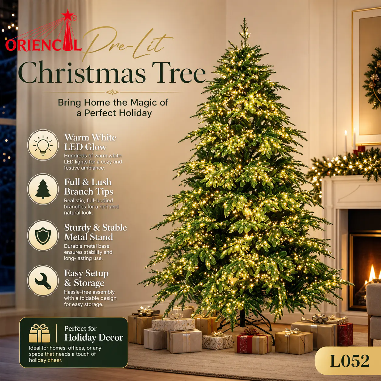 Pre-Lit Gold Gradient Fir Christmas Tree, Warm Lights, Glam Festive Indoor Decor L052