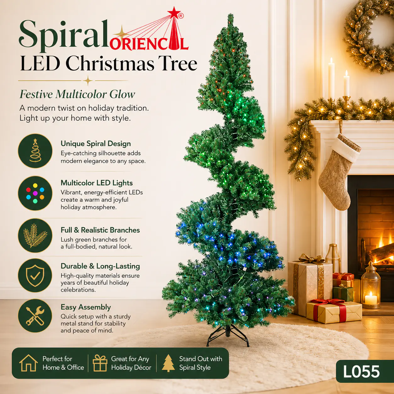 Pre-Lit Spiral Style Green Fir Christmas Tree, LED Lights, Unique Whimsical Holiday Decor L055