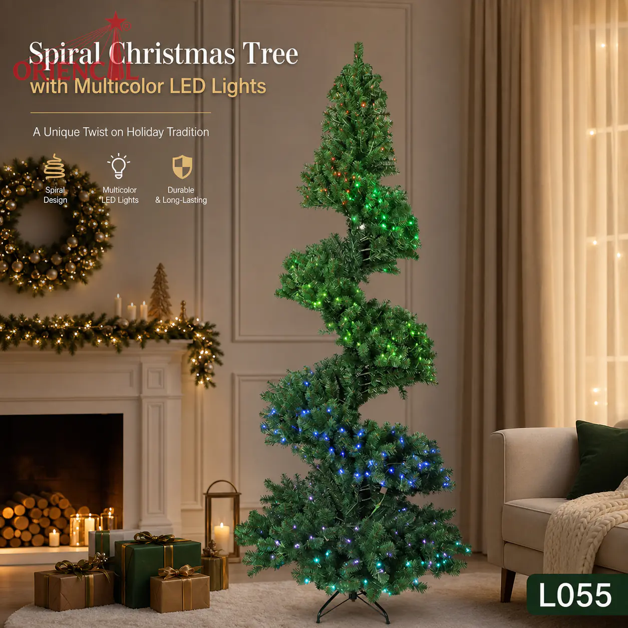 Pre-Lit Spiral Style Green Fir Christmas Tree, LED Lights, Unique Whimsical Holiday Decor L055