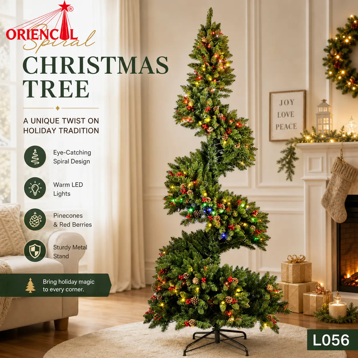 Pre-Lit Twisted Spiral Green Fir Christmas Tree, Warm Lights, Modern Whimsical Holiday Decor L056