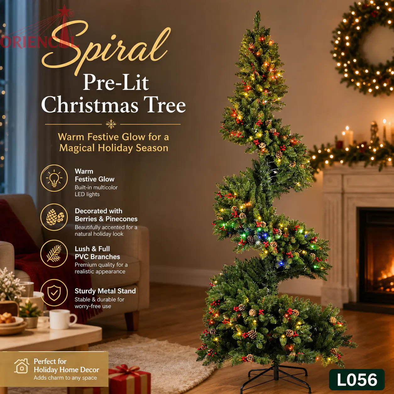 Pre-Lit Twisted Spiral Green Fir Christmas Tree, Warm Lights, Modern Whimsical Holiday Decor L056