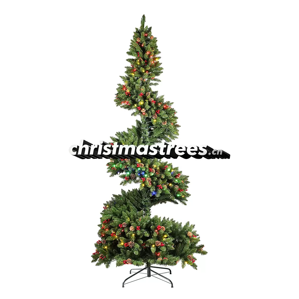 Pre-Lit Twisted Spiral Green Fir Christmas Tree, Warm Lights, Modern Whimsical Holiday Decor L056