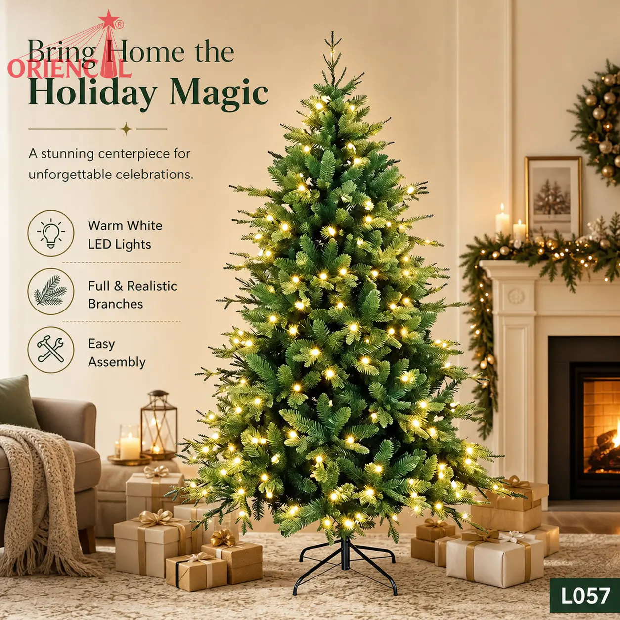 Pre-Lit Full Green Spruce Christmas Tree, LED Lights, Classic Evergreen Indoor Decor L057
