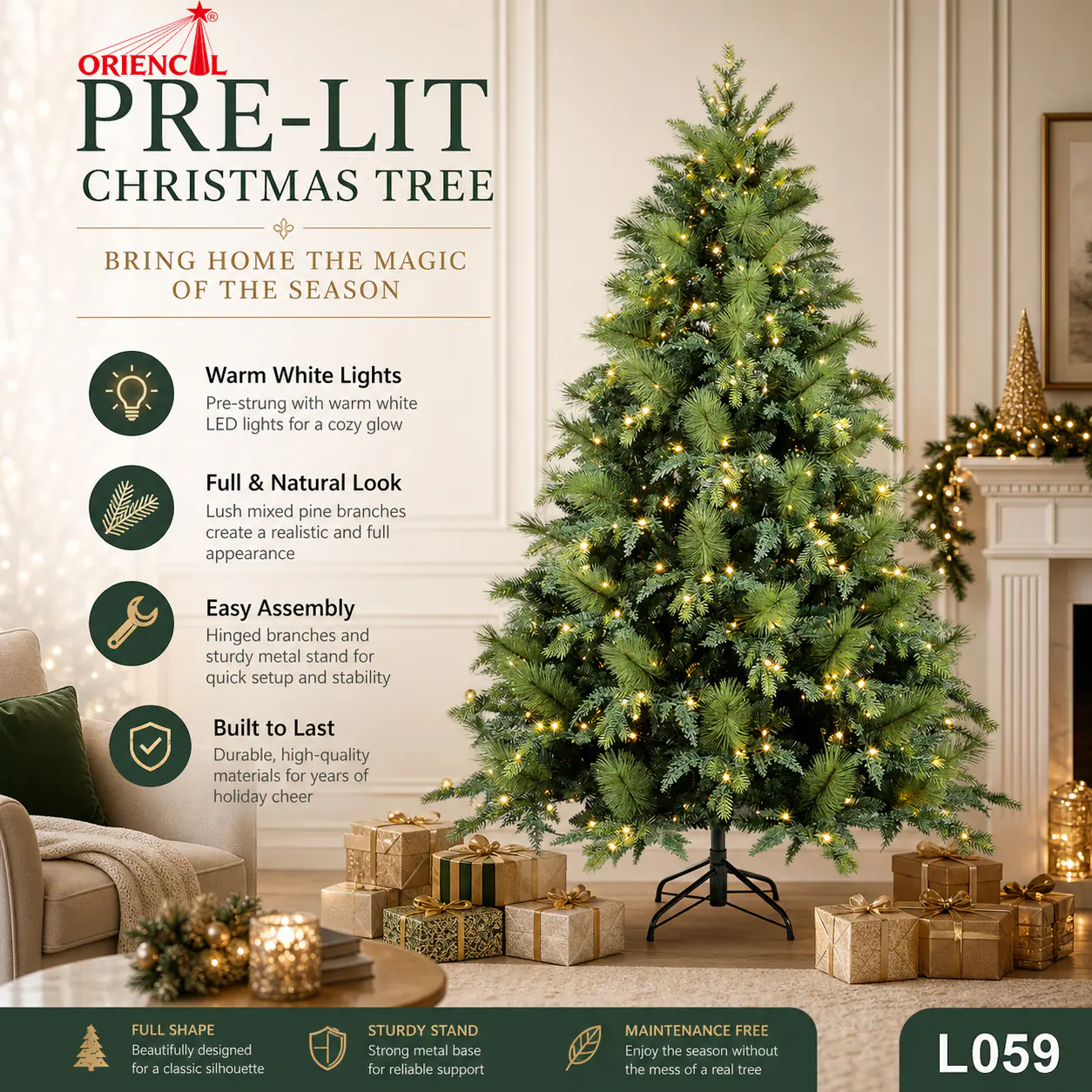 Pre-Lit Artificial Green Spruce Christmas Tree, Multi-Color LED Lights, Festive Home Decor L059