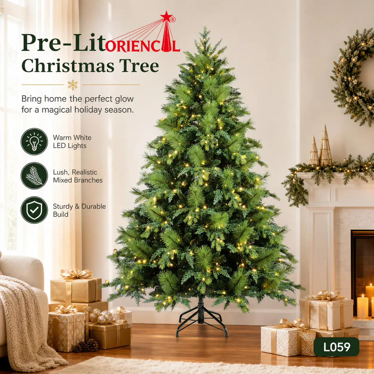 Pre-Lit Artificial Green Spruce Christmas Tree, Multi-Color LED Lights, Festive Home Decor L059