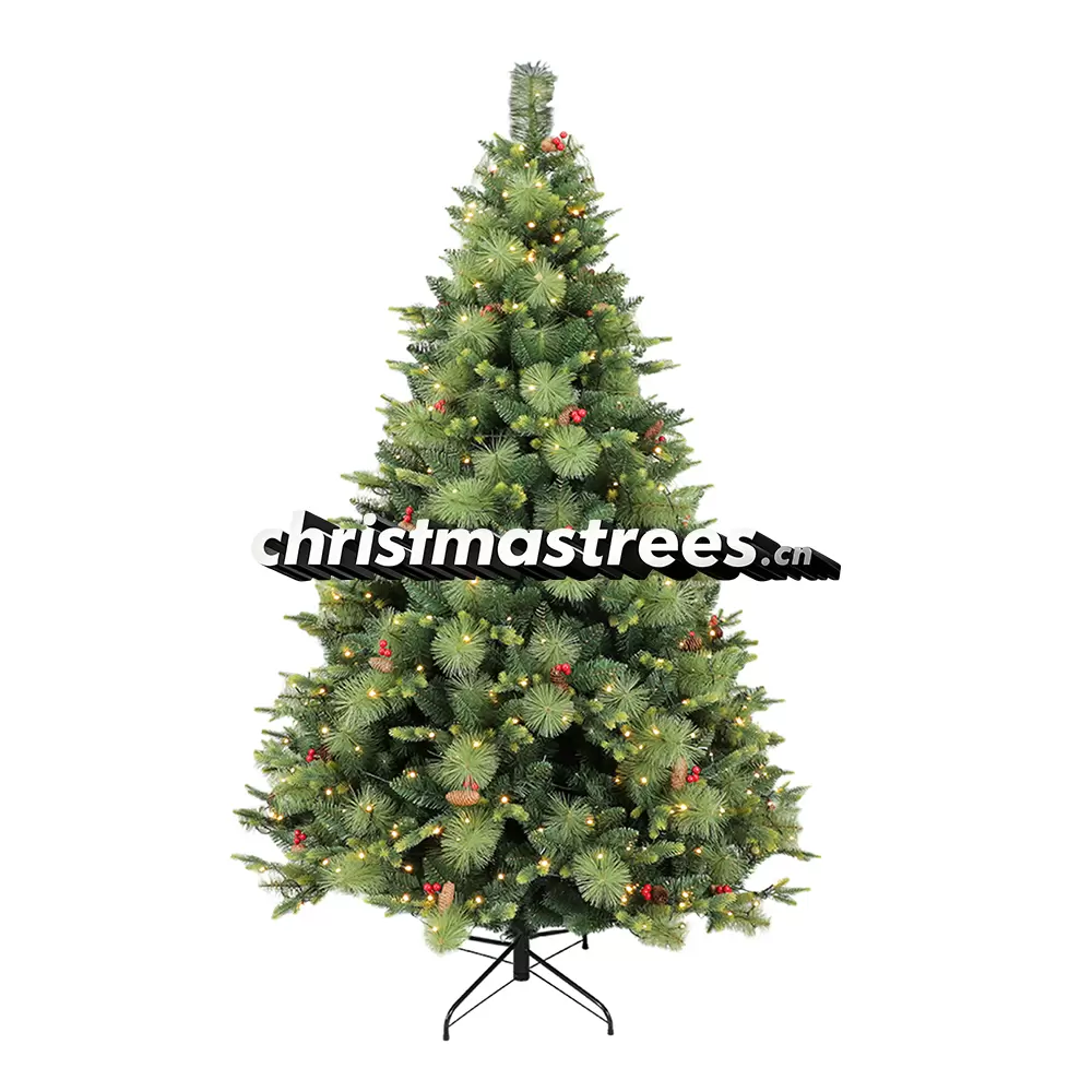 Pre-Lit Green Spruce Christmas Tree with Pine Cones, LED Lights, Rustic Farmhouse Decor L061