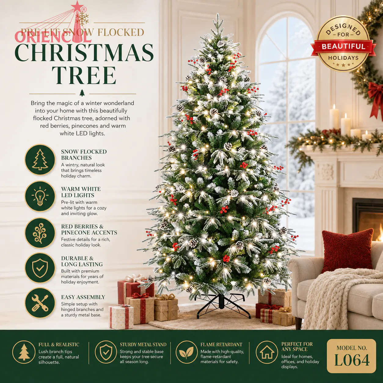 Pre-Lit Green-White Flocked Spruce Christmas Tree, LED Lights, Winter Wonderland Decor L064