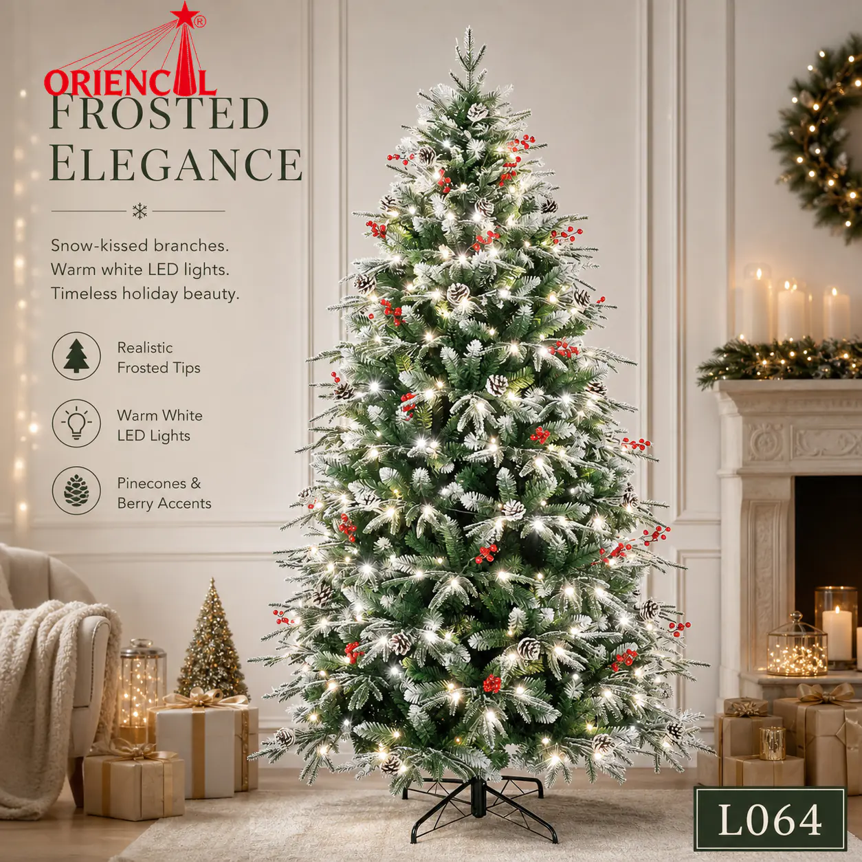 Pre-Lit Green-White Flocked Spruce Christmas Tree, LED Lights, Winter Wonderland Decor L064