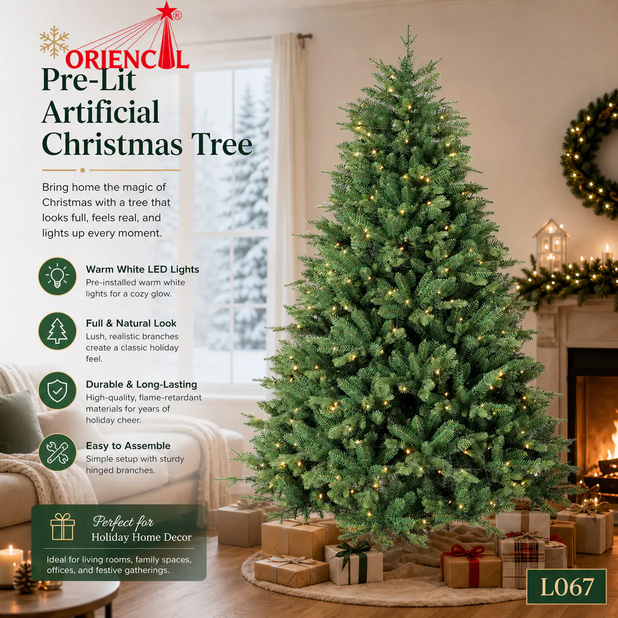 Pre-Lit Dense Green Spruce Christmas Tree, LED Lights, Realistic Indoor Holiday Decor L067
