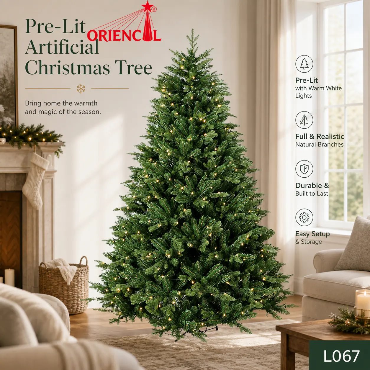 Pre-Lit Dense Green Spruce Christmas Tree, LED Lights, Realistic Indoor Holiday Decor L067