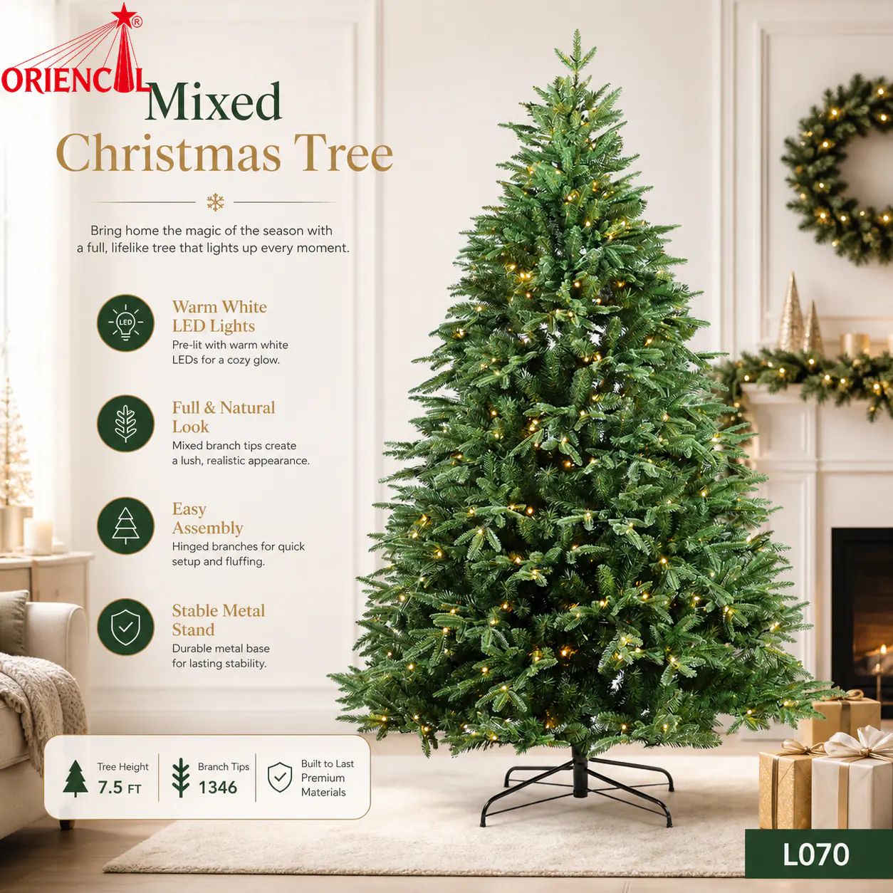 Pre-Lit Dense Green Spruce Christmas Tree, Warm Lights, Realistic Full Size Holiday Decor L070