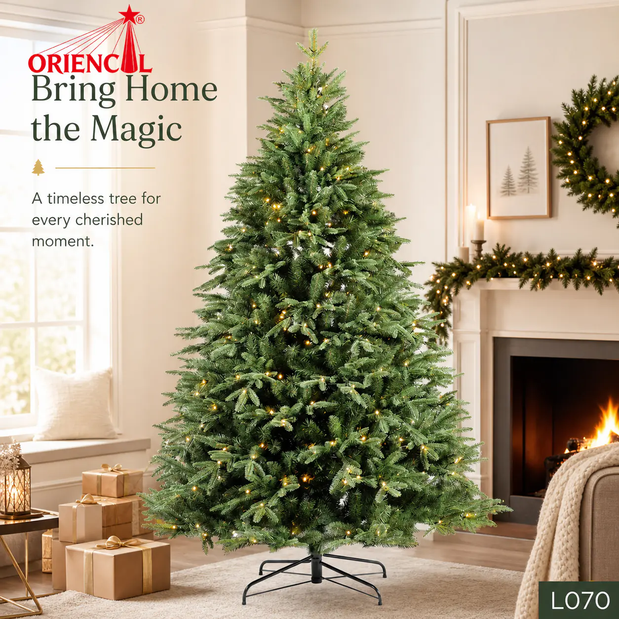 Pre-Lit Dense Green Spruce Christmas Tree, Warm Lights, Realistic Full Size Holiday Decor L070